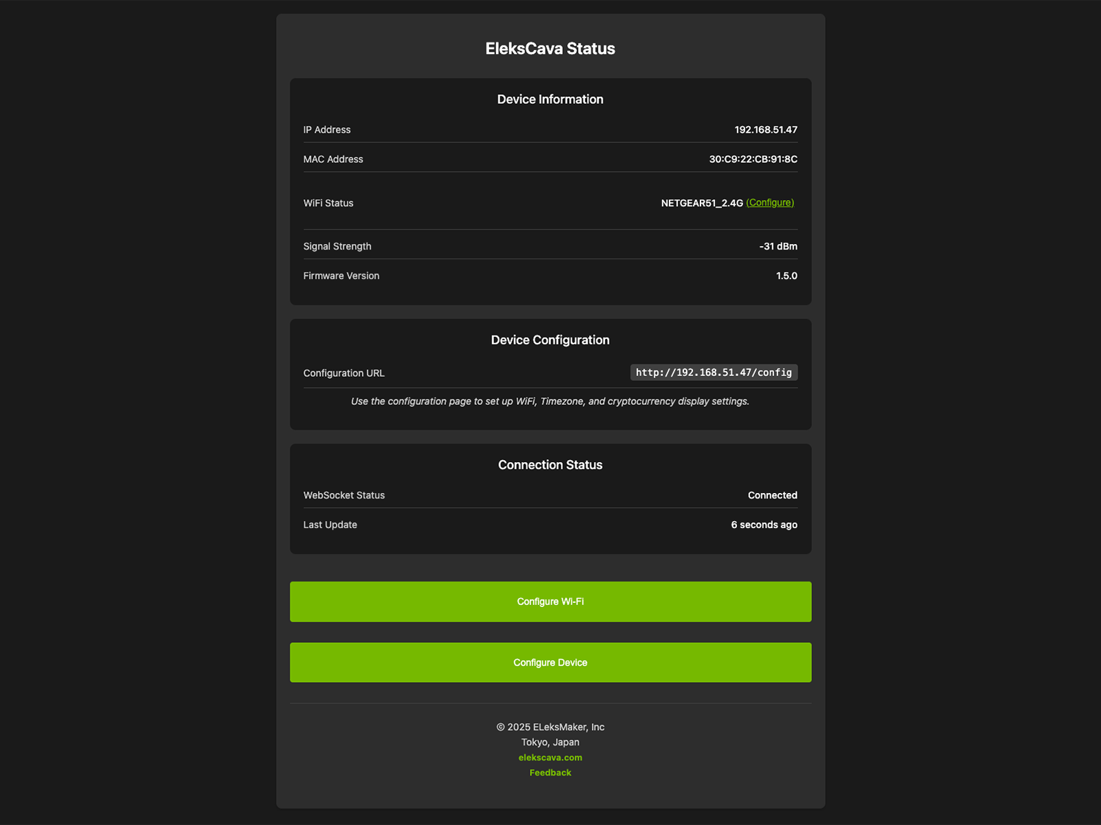 EleksCava browser-based configuration dashboard showing WiFi and device status