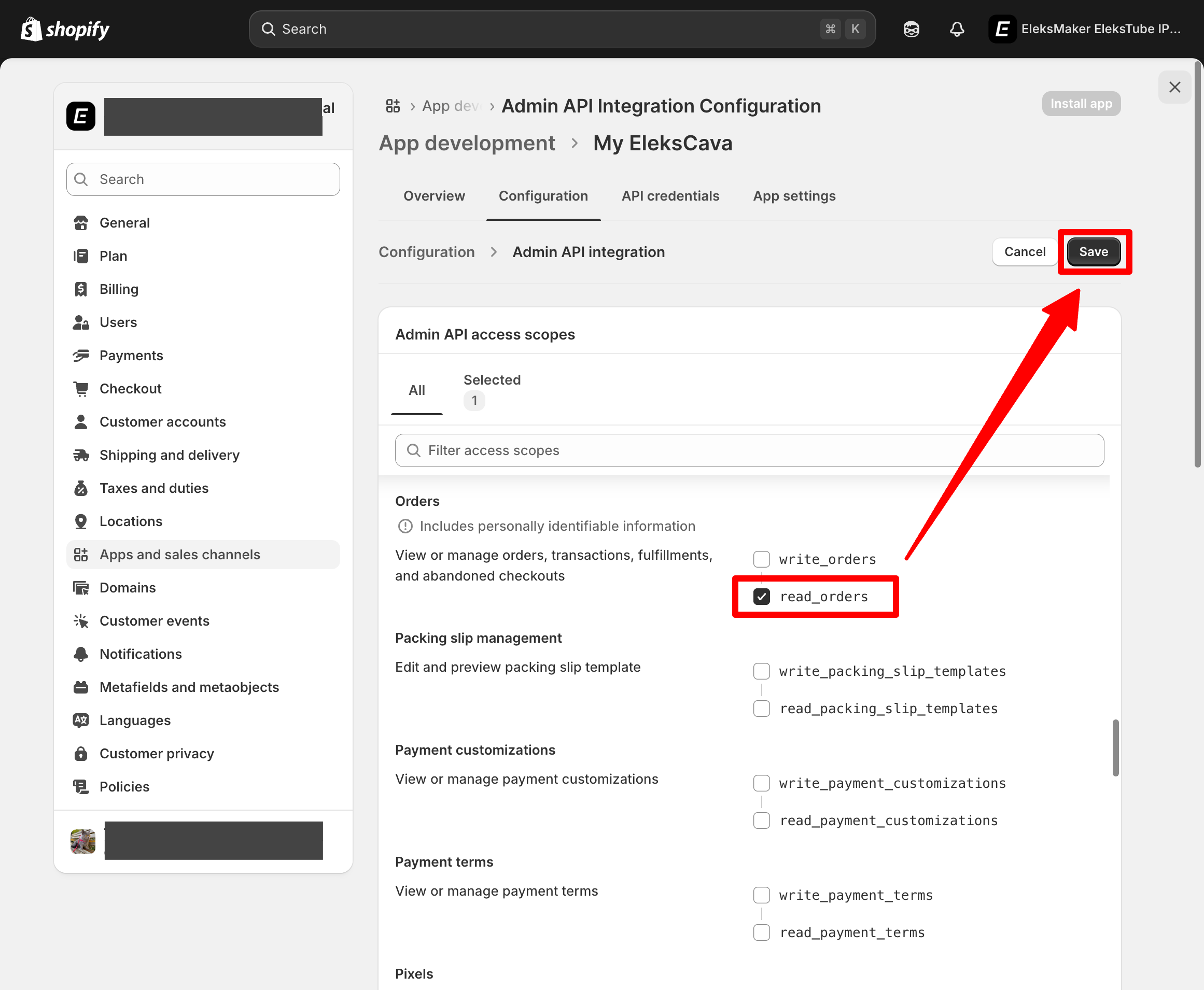 Select read_orders Permission in Shopify